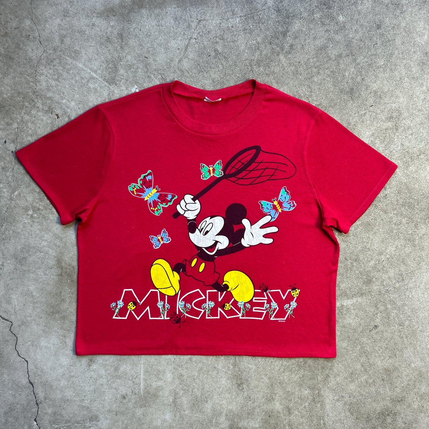 Vintage 90s Walt Disney Mickey Mouse Catching Butterflies Crop top T-shirt