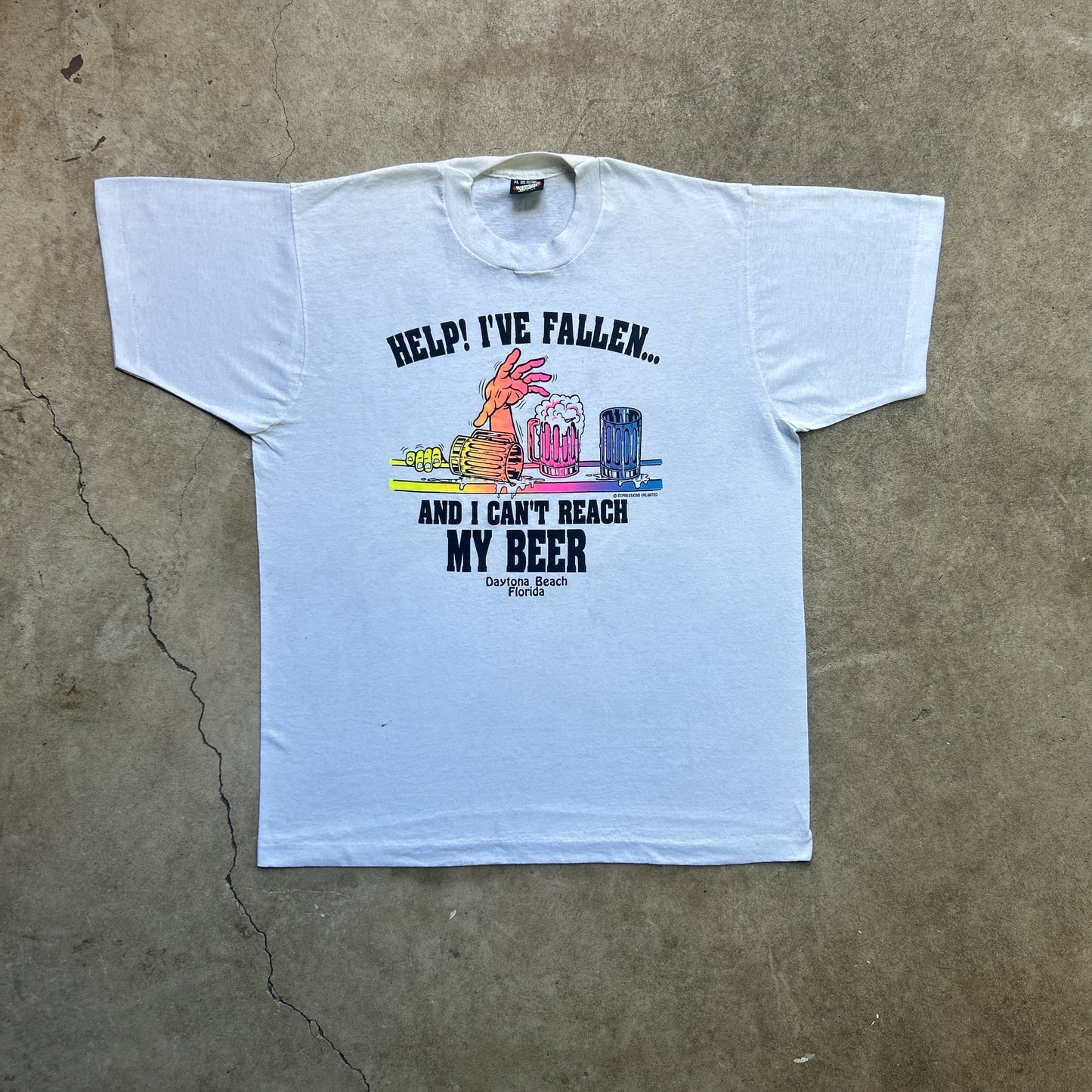 Vintage 80s Help! I've Fallen..... And I Can't Reach My Beer, Daytona Beach, Florida T-shirt