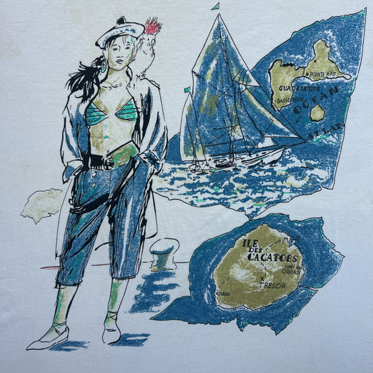 Vintage 80s Island Living French Girl Drawing T-shirt