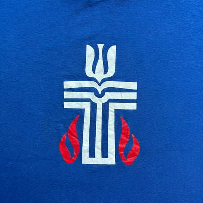 Vintage 90s faith-based Religion Tee, The Presbyterian Church Cross &amp; flames Graphic Print T-shirt