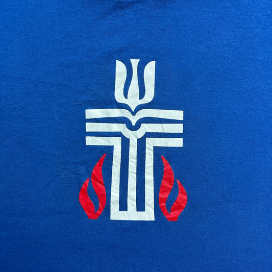 Vintage 90s faith-based Religion Tee, The Presbyterian Church Cross &amp; flames Graphic Print T-shirt