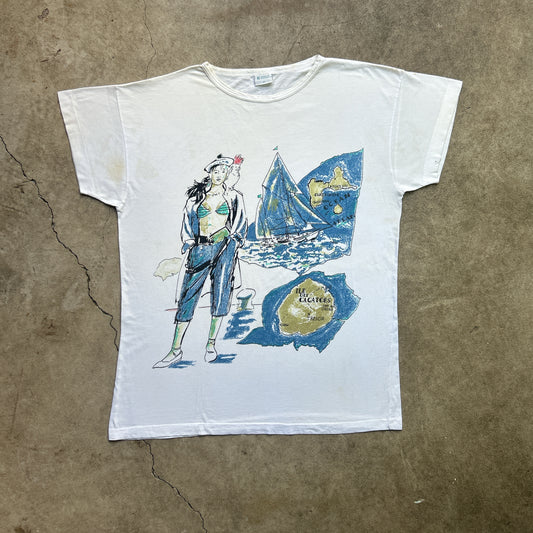 Vintage 80s Island Living French Girl Drawing T-shirt