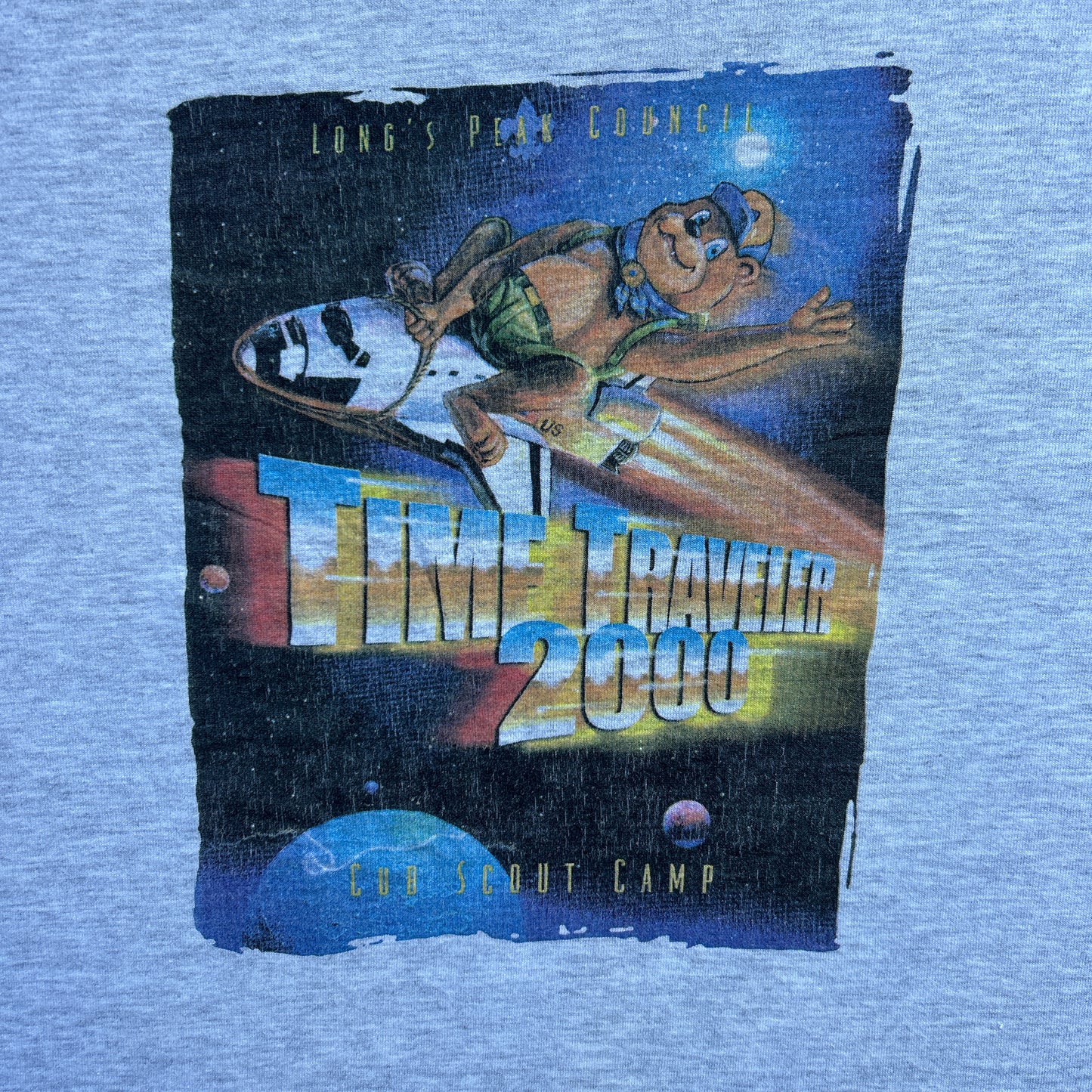 Vintage 2000s Time Travelling Teddy Bear on Spaceship, Long Peaks Council T-shirt