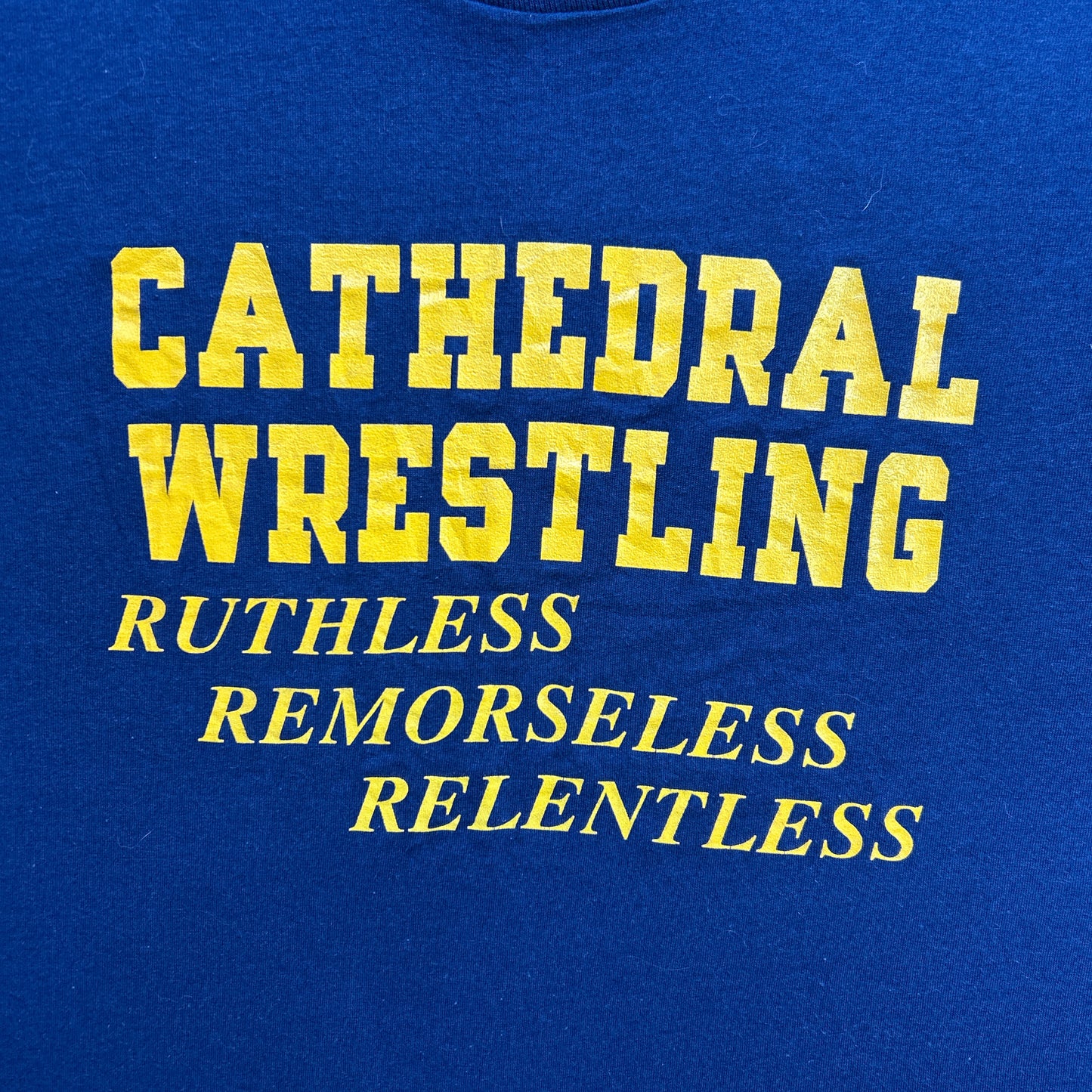 Vintage 90s USA Cathedral Wrestling, Ruthless, Remorseless, Relentless "Mercy" T-shirt