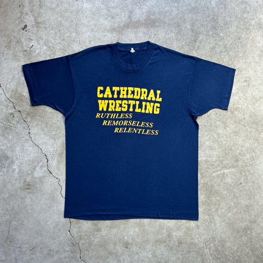 Vintage 90s USA Cathedral Wrestling, Ruthless, Remorseless, Relentless "Mercy" T-shirt