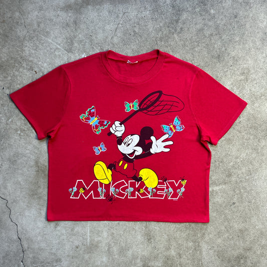 Vintage 90s Walt Disney Mickey Mouse Catching Butterflies Crop top T-shirt