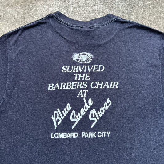 Vintage 80s I Survived The Barbers Chair At Blue Suede Shoes, Lombard Park City T-shirt