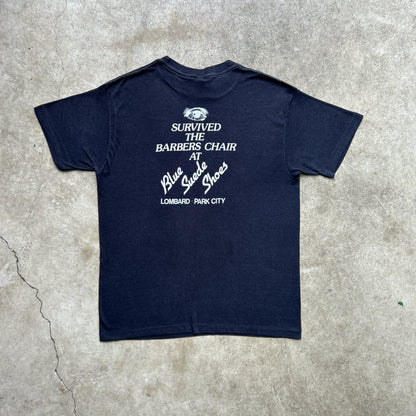 Vintage 80s I Survived The Barbers Chair At Blue Suede Shoes, Lombard Park City T-shirt