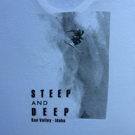 Vintage 2000s Extreme Winter Sports Skiing, Steep And Deep, Sun Valley, Idaho, USA T-shirt