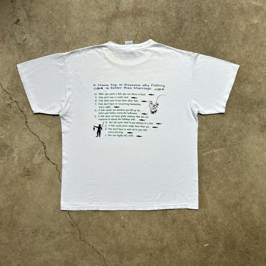 Vintage 90s Hard Fish Designs "a mans top 10 reasons why fishing is better than marriage" T-shirt